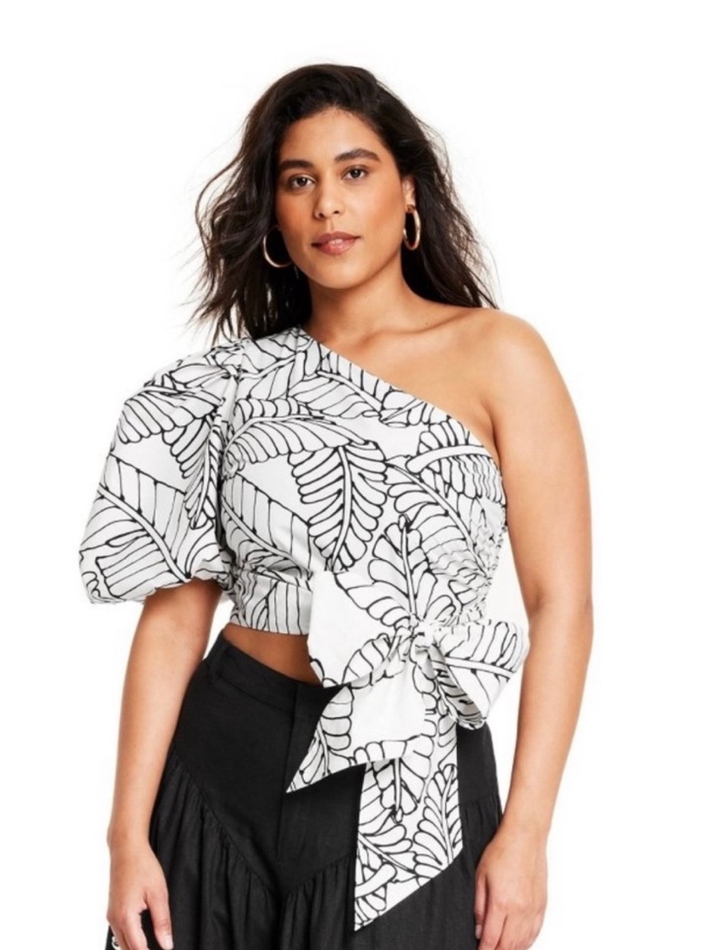 Fe Noel x Target One-Shoulder Black & White Sketch Leaf-Print Tie-Waist Top, 14